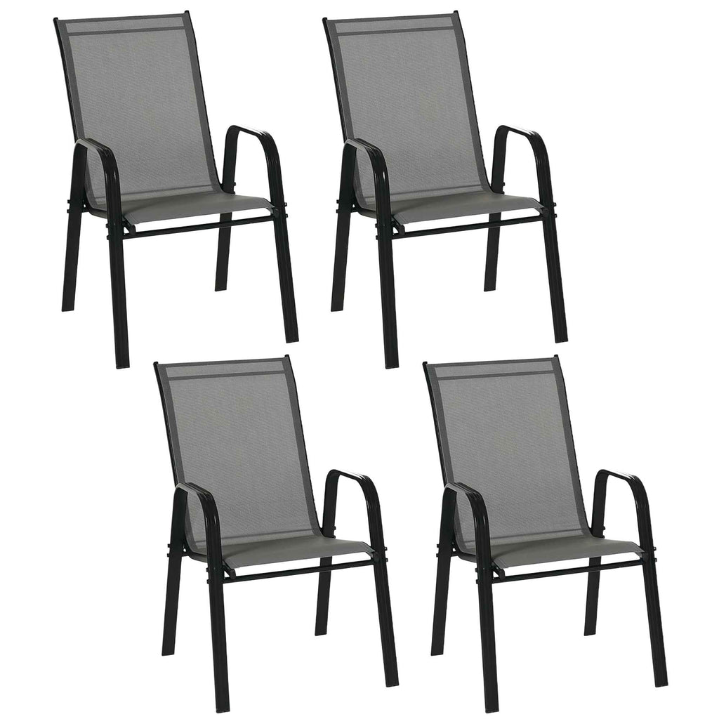 Outsunny Set of 4 Stackable Space-Saving Garden Chairs with Metal Armrests and Mesh Fabric, Grey