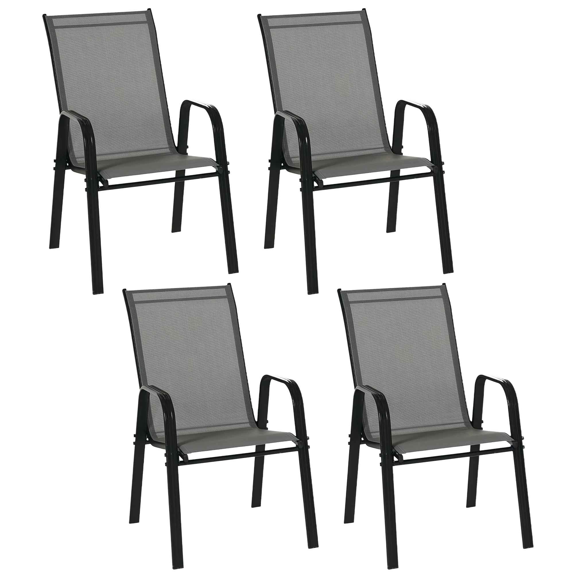 Outsunny Set of 4 Stackable Space-Saving Garden Chairs with Metal Armrests and Mesh Fabric, Grey
