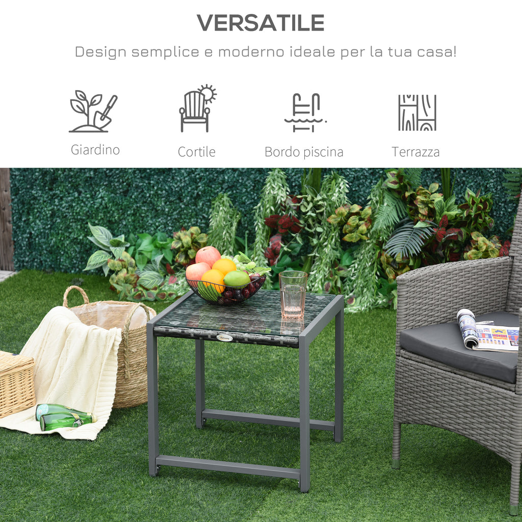 Outsunny Garden Coffee Table Tempered Glass Top Rattan Aluminum 50 x 49.5 x 50 cm