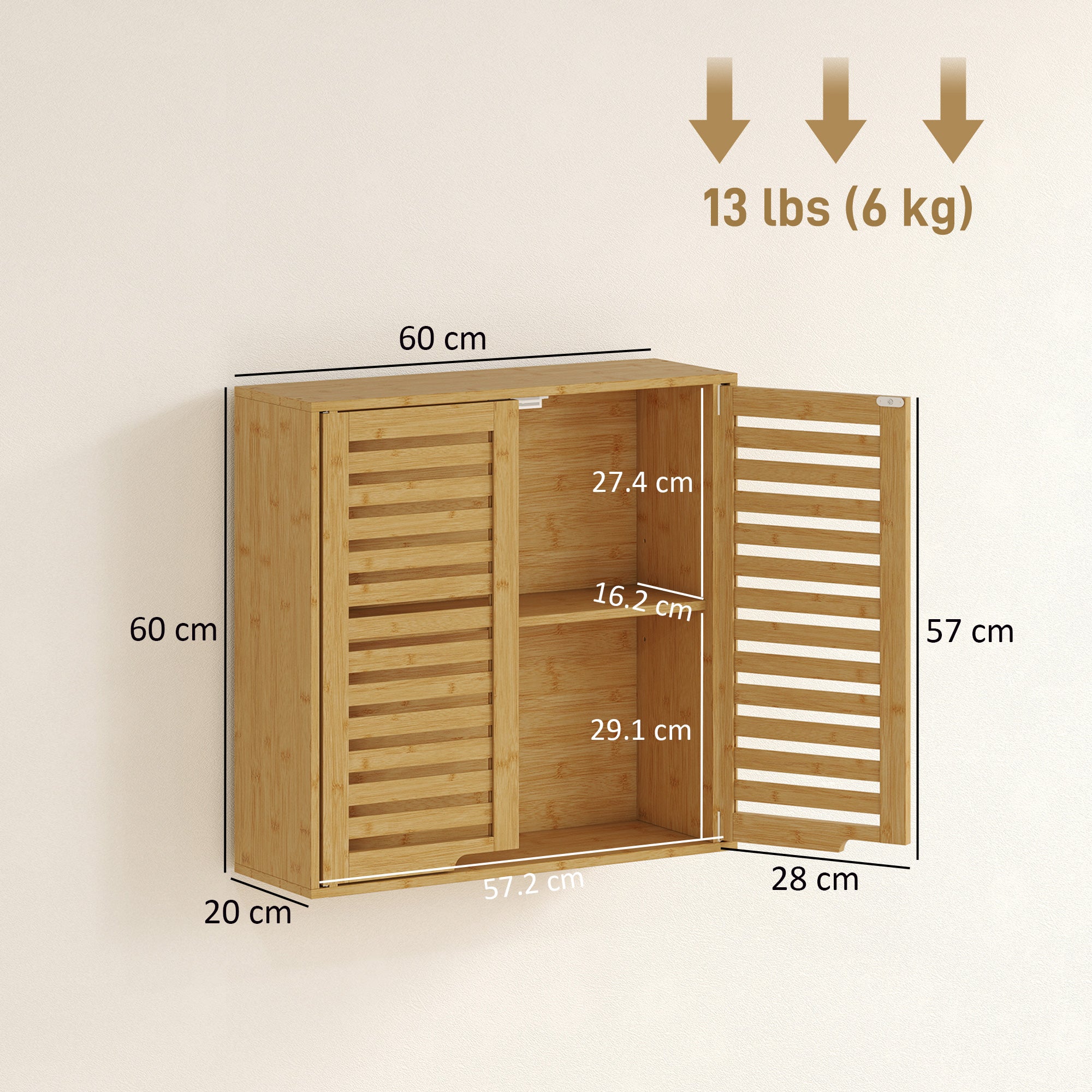Bathroom Cabinet with Adjustable Internal Shelf and Shutter Doors, Bamboo, 60x20x60 cm, Wood Color