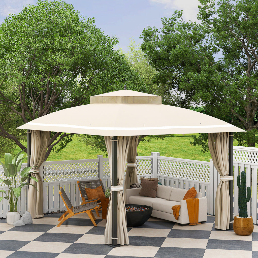 Garden Gazebo 3.7 x 3 m with Mosquito Net, Side Curtains and Double Roof, Beige