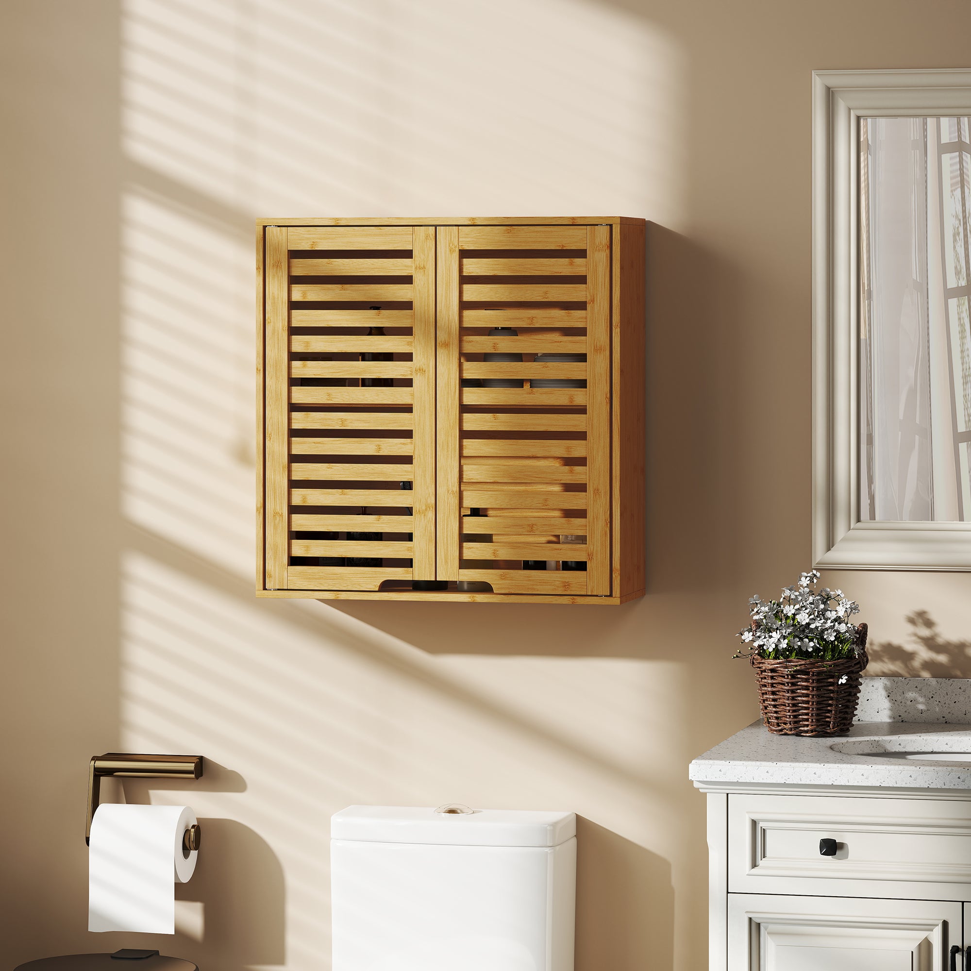 Bathroom Cabinet with Adjustable Internal Shelf and Shutter Doors, Bamboo, 60x20x60 cm, Wood Color