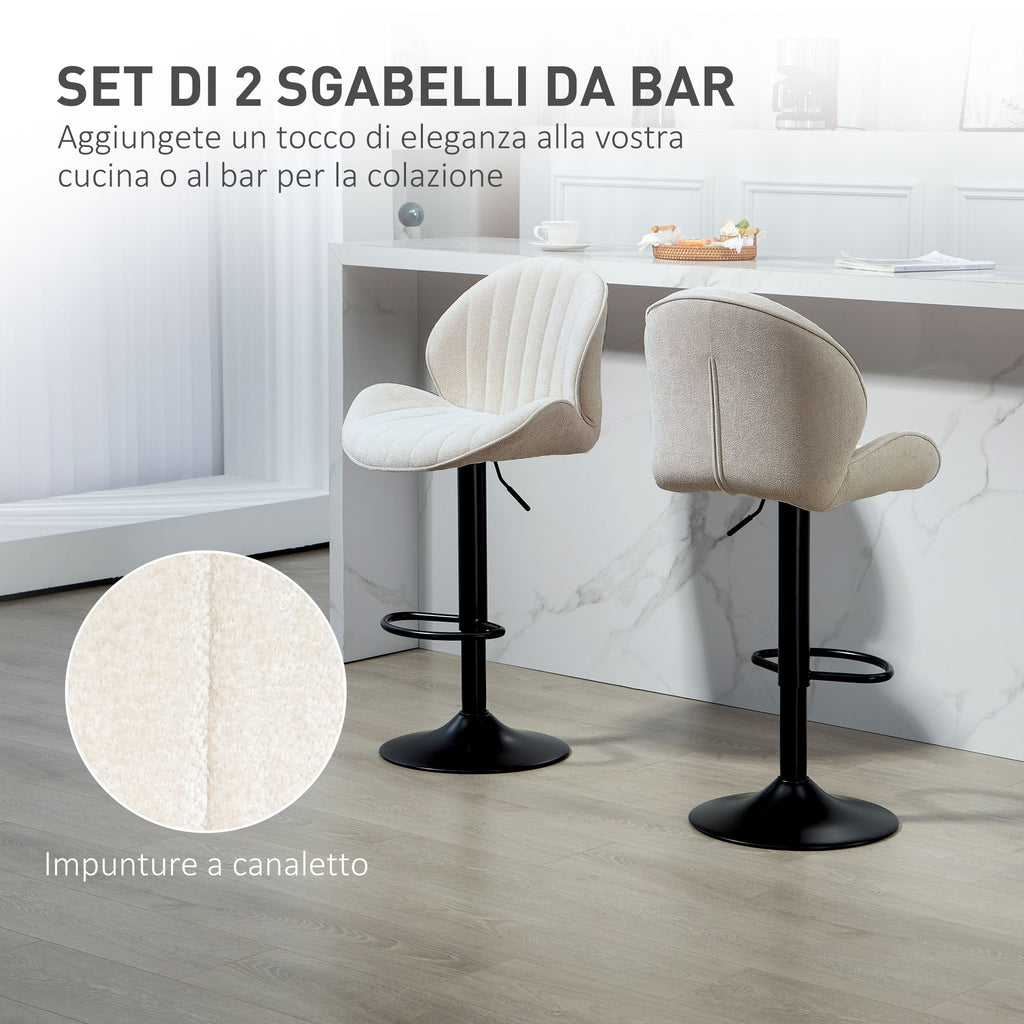 Set of 2 Shell Bar Stools with Footrest, Chenille Effect Fabric, 48x50x94-115 cm, Black and Beige