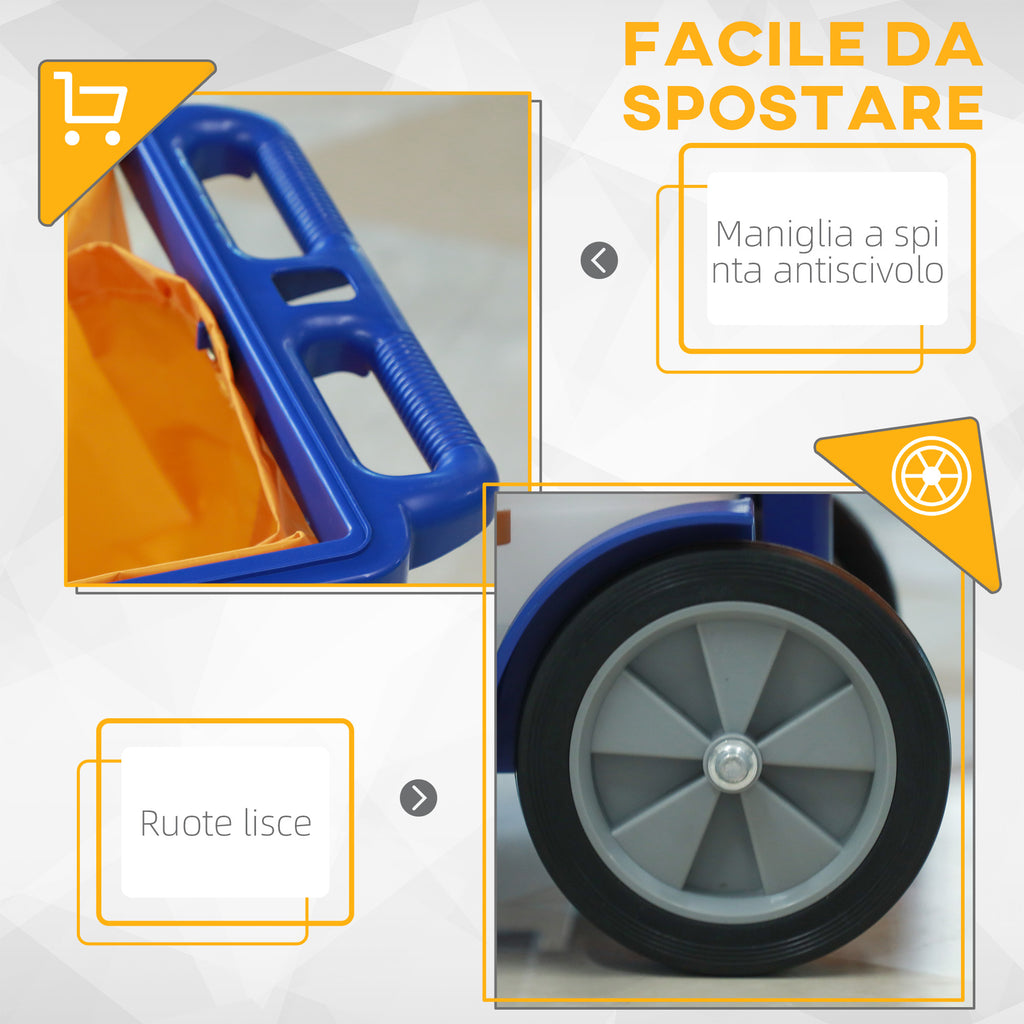 3-Tier Cleaning Trolley with Hooks and 100L Bag, 121x50.5x96.5 cm, Blue Yellow and Grey