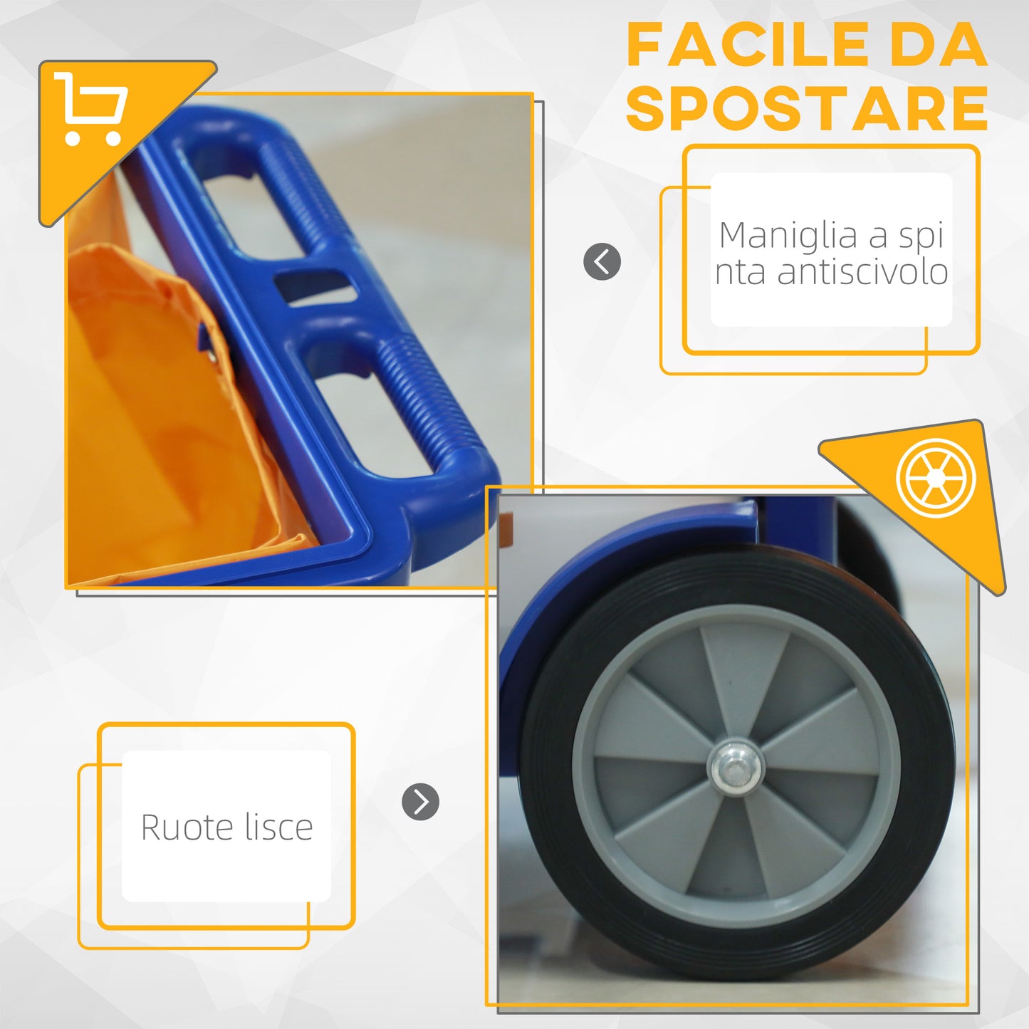 3-Shelf Cleaning Trolley with Hooks and 100L Bag, 121x50.5x96.5 cm, Blue Yellow and Gray