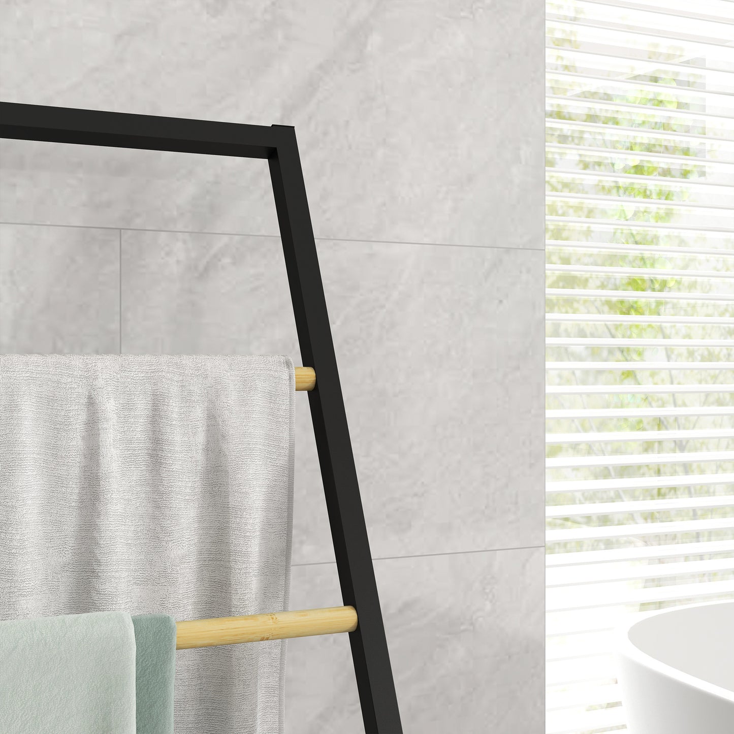 4-Bar Towel Rack in Steel and Bamboo, 40.5x28x98cm, Black and Wood Colour