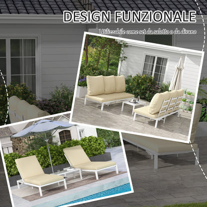 Set of 2 Sun Loungers with Adjustable Backrest and Glass Garden Table, Beige - Borgè