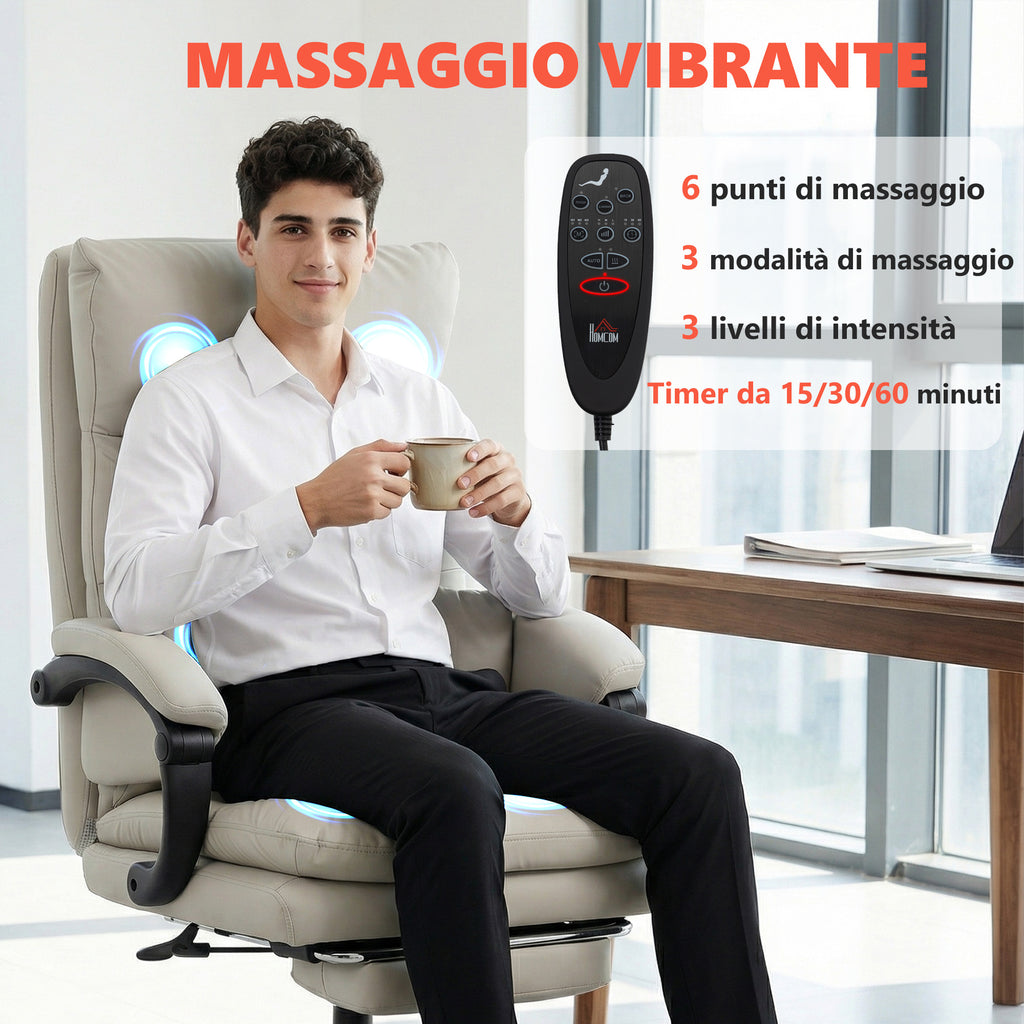 Heated Massage Office Chair, 135° Reclining with PU Leather Footrest, Light Grey