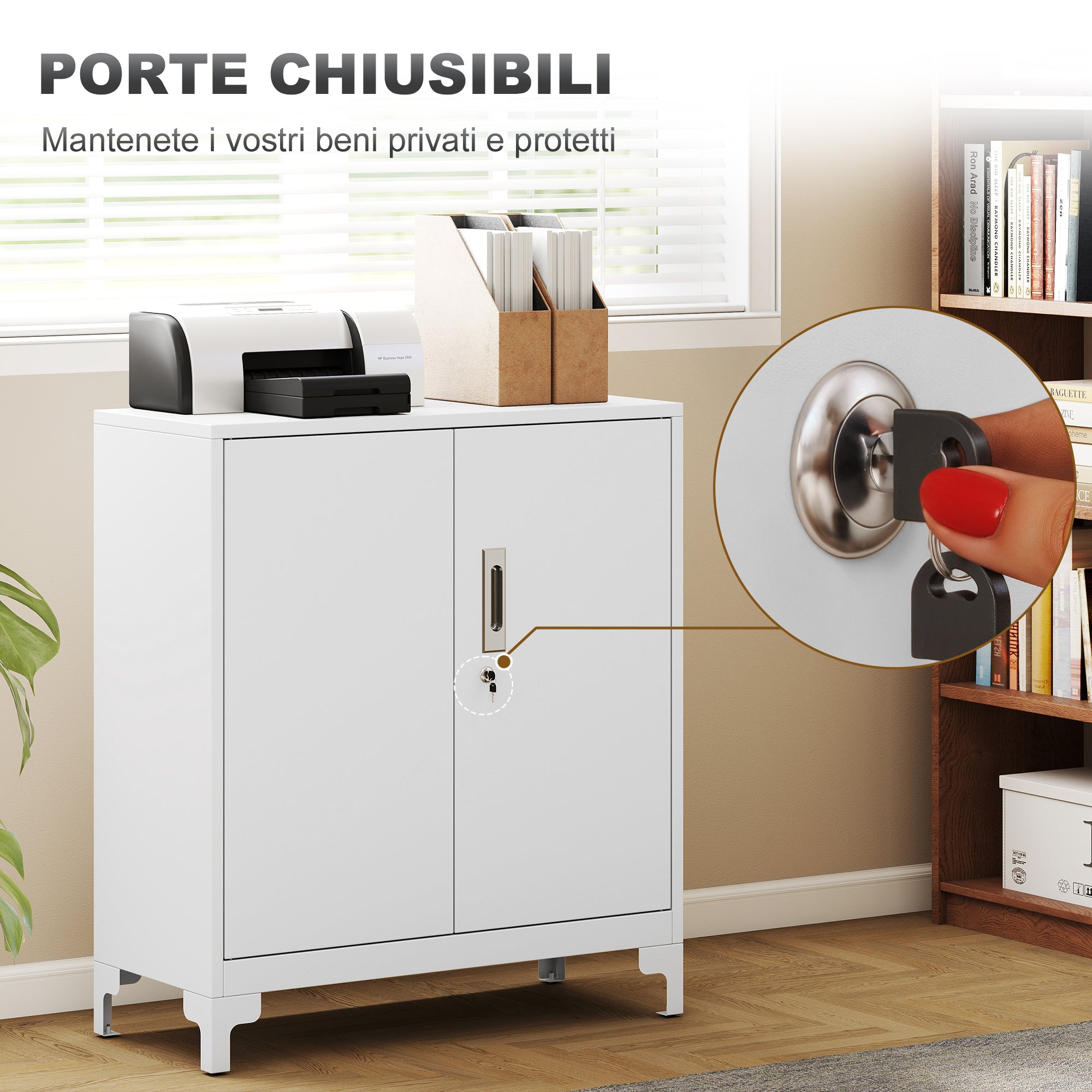 Office Cabinet with 3 Shelves, 2 Doors and Keys, 80x35x91 cm, White