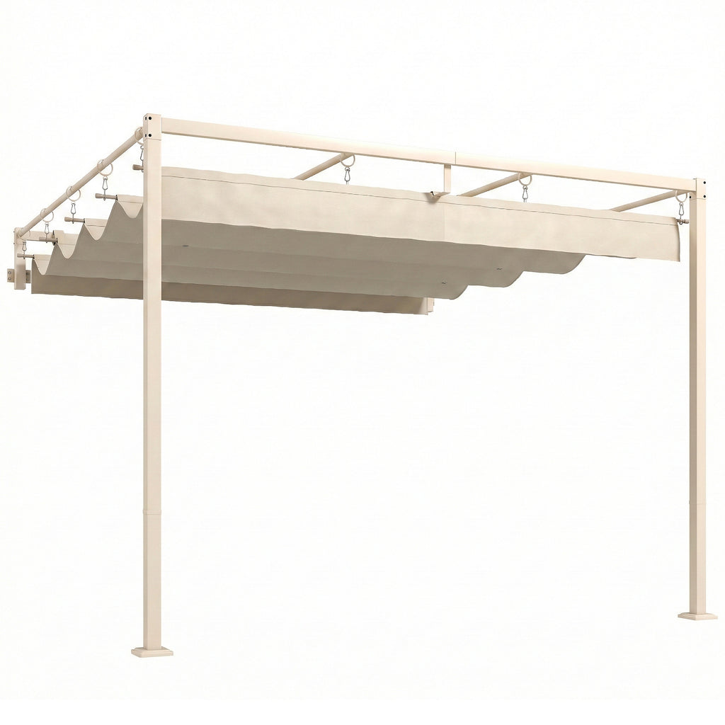 Outsunny 3x3m Lean-to Pergola with Retractable Sliding UV30+ Roof and Drainage Holes, Beige
