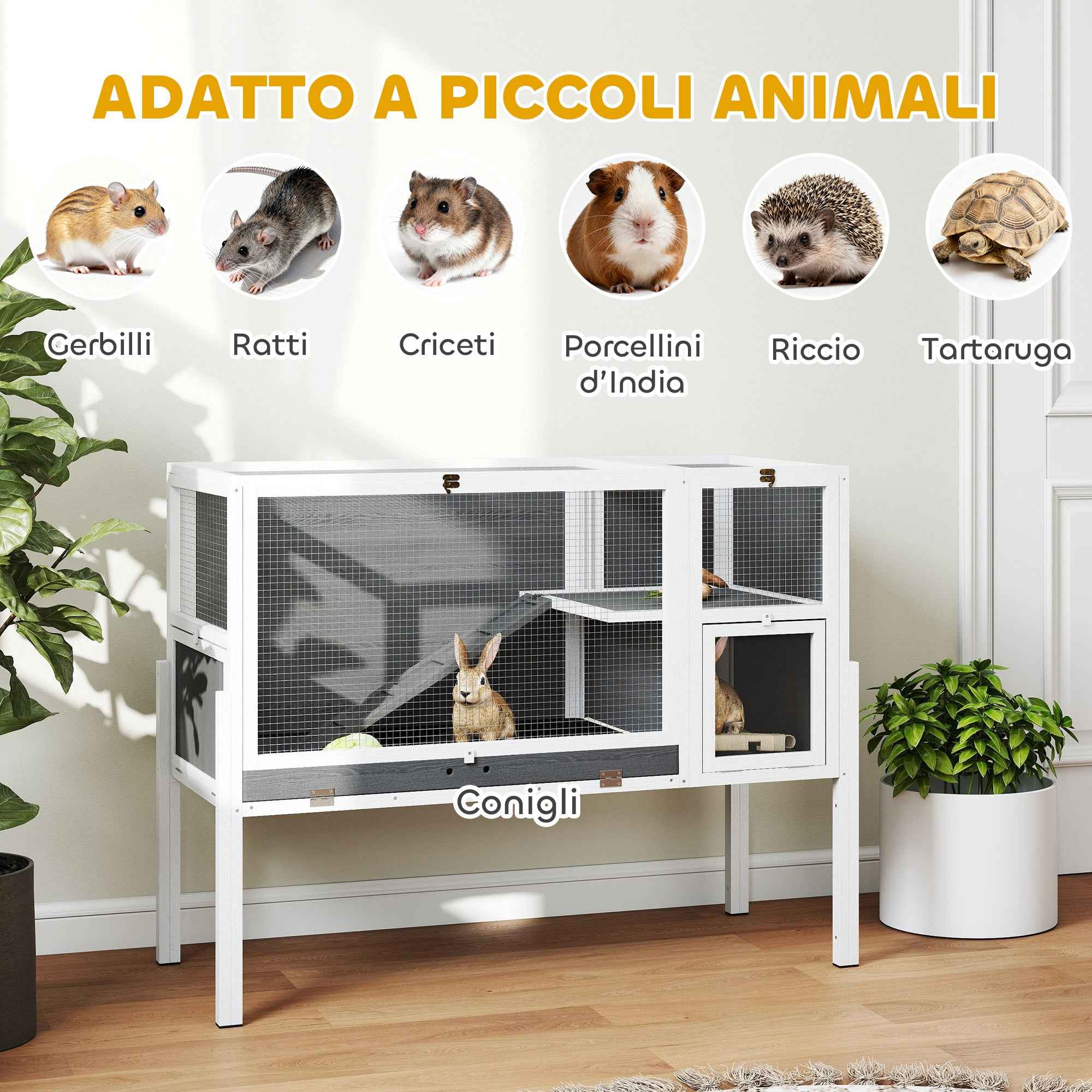 PawHut Raised Indoor Rabbit and Hamster Cage with Removable Tray and Opening Roof, Grey