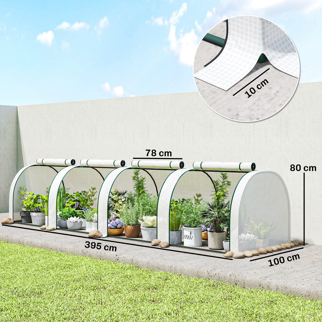 Outsunny Waterproof Anti-UV Steel and Plastic Tunnel Greenhouse with 4 Doors, 395x100x80 cm, White