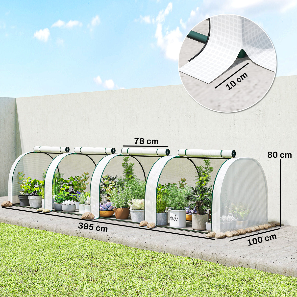 Outsunny Waterproof Anti-UV Steel and Plastic Tunnel Greenhouse with 4 Doors, 395x100x80 cm, White