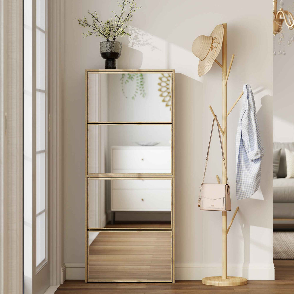 HOMCOM 4-Door Mirrored Shoe Rack, Anti-Tip, Wood Color, 63x17x146 cm