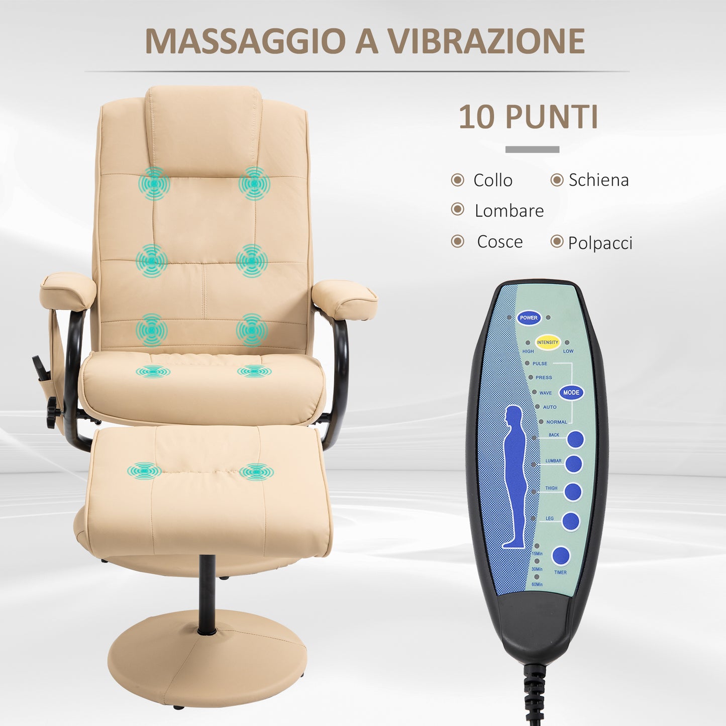 Relaxing Chair with Footrest, Reclining Armchair 145° with 10 Massage Points and Remote Control in Faux Leather, Cream