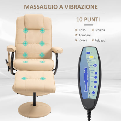 Relaxing Chair with Footrest, Reclining Armchair 145° with 10 Massage Points and Remote Control in Faux Leather, Cream