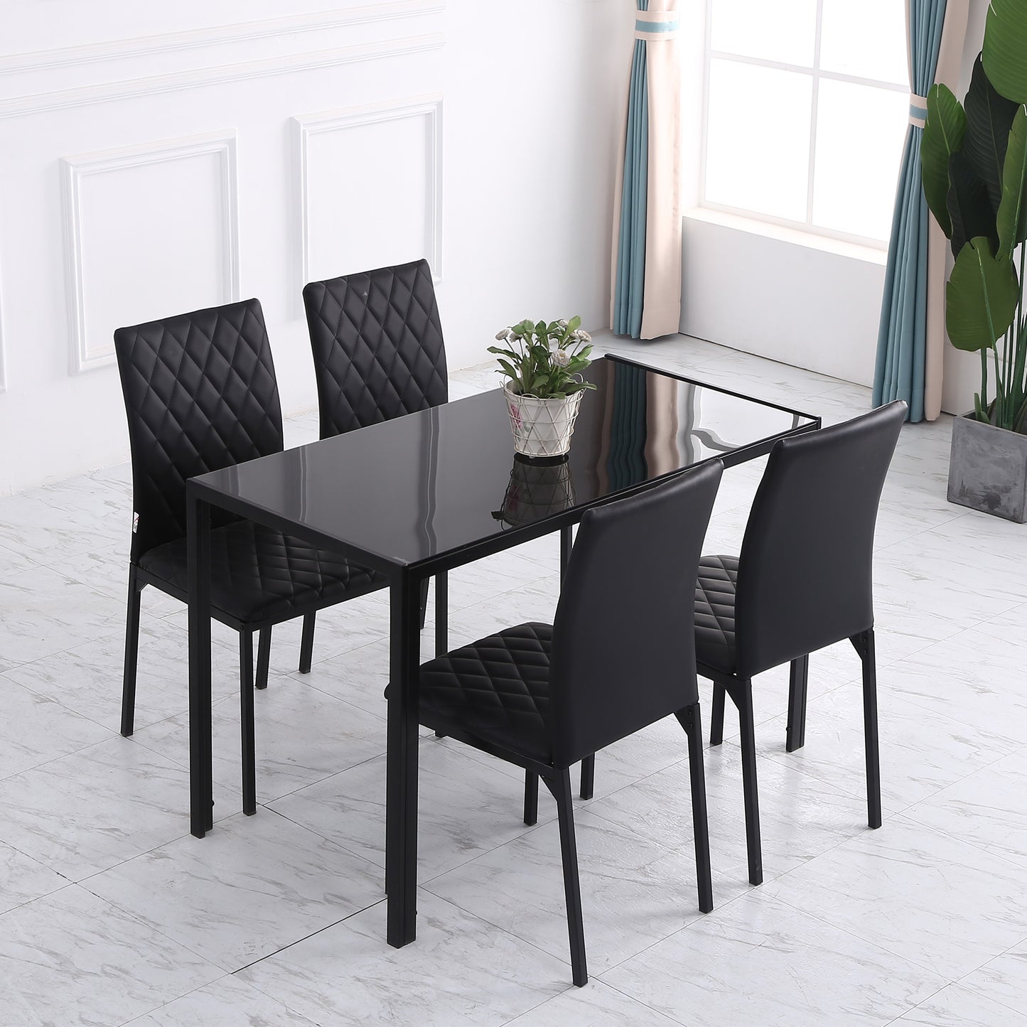 Set of 4 Faux Leather Dining Chairs with Diamond Stitching and Metal Legs, Black