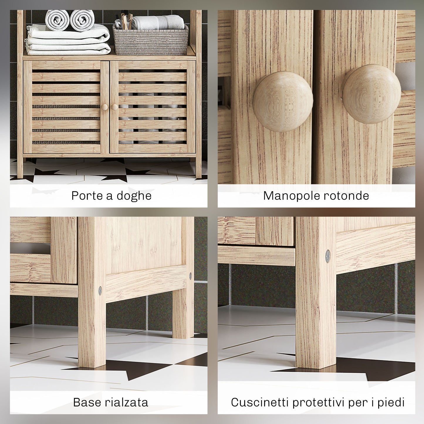 Bamboo Bathroom Cabinet with 3 Shelves and Lower Cabinet, 63x30x138 cm, Wood and White Color