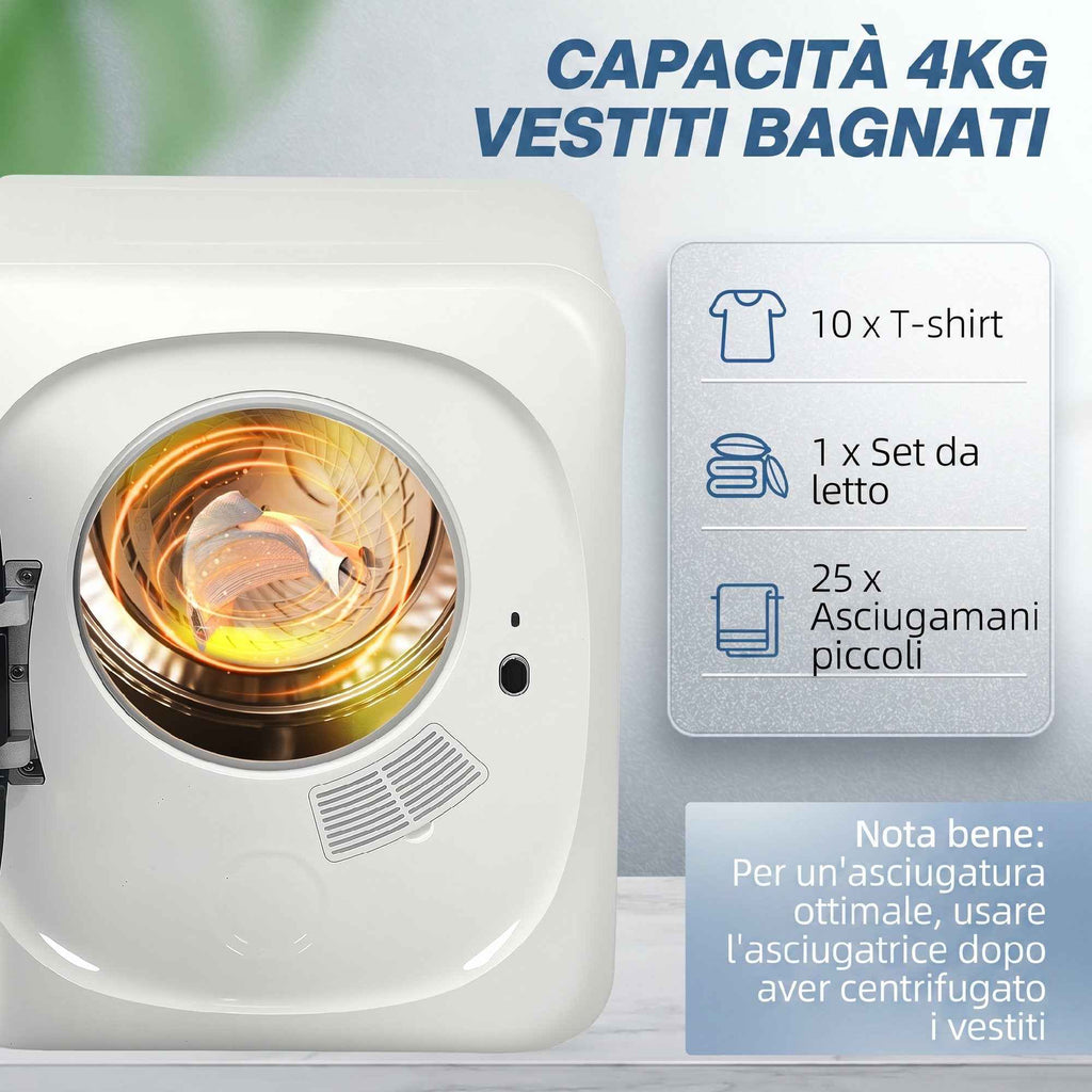 HOMCOM Mini Portable Dryer 4 kg, 5 Programs, 800W, Front Loading, Stainless Steel Drum, for Home, White