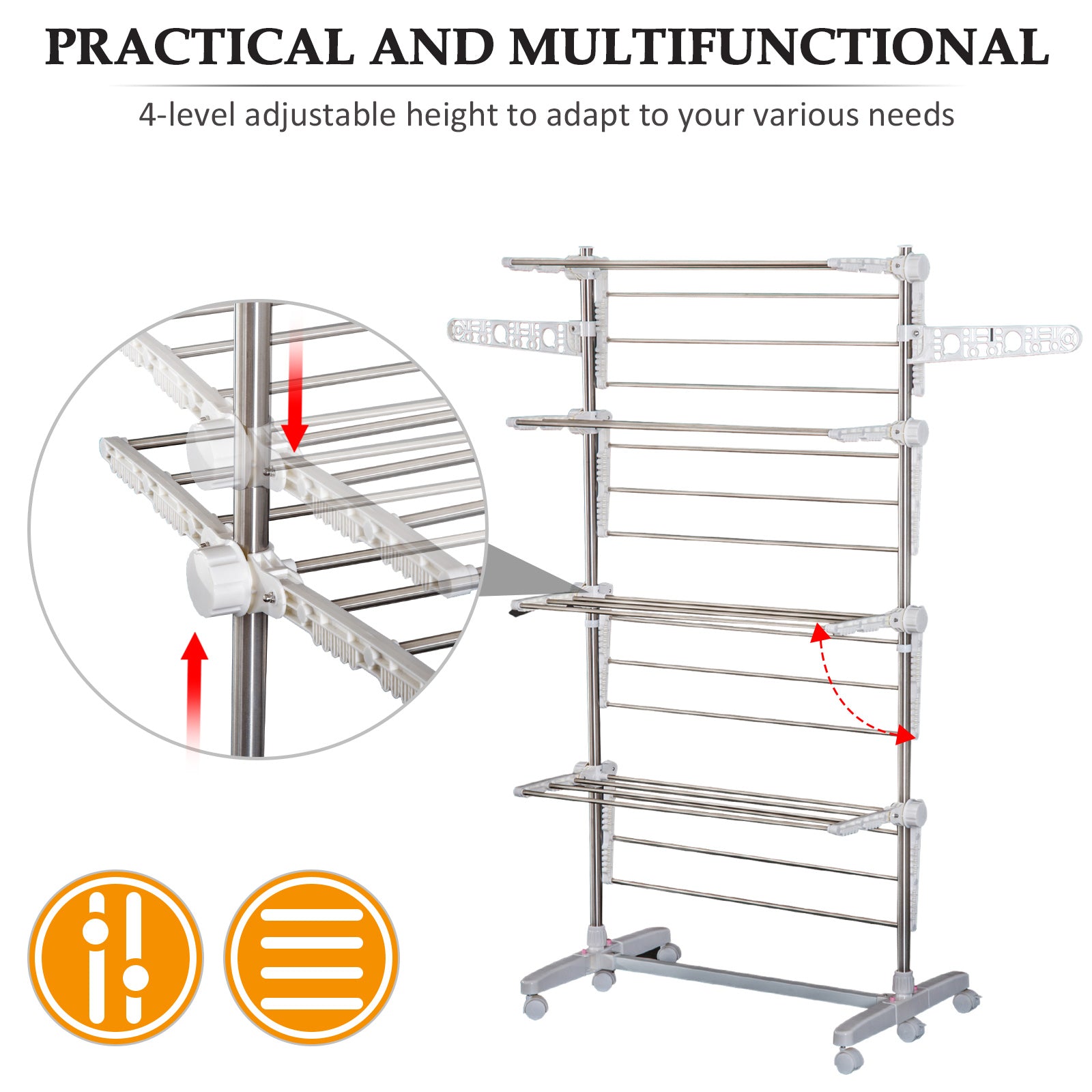 HOMCOM Vertical Folding Drying Rack in Steel and Plastic with 6 Wheels and 4 Adjustable Shelves, 142x55x172 cm - Borgè