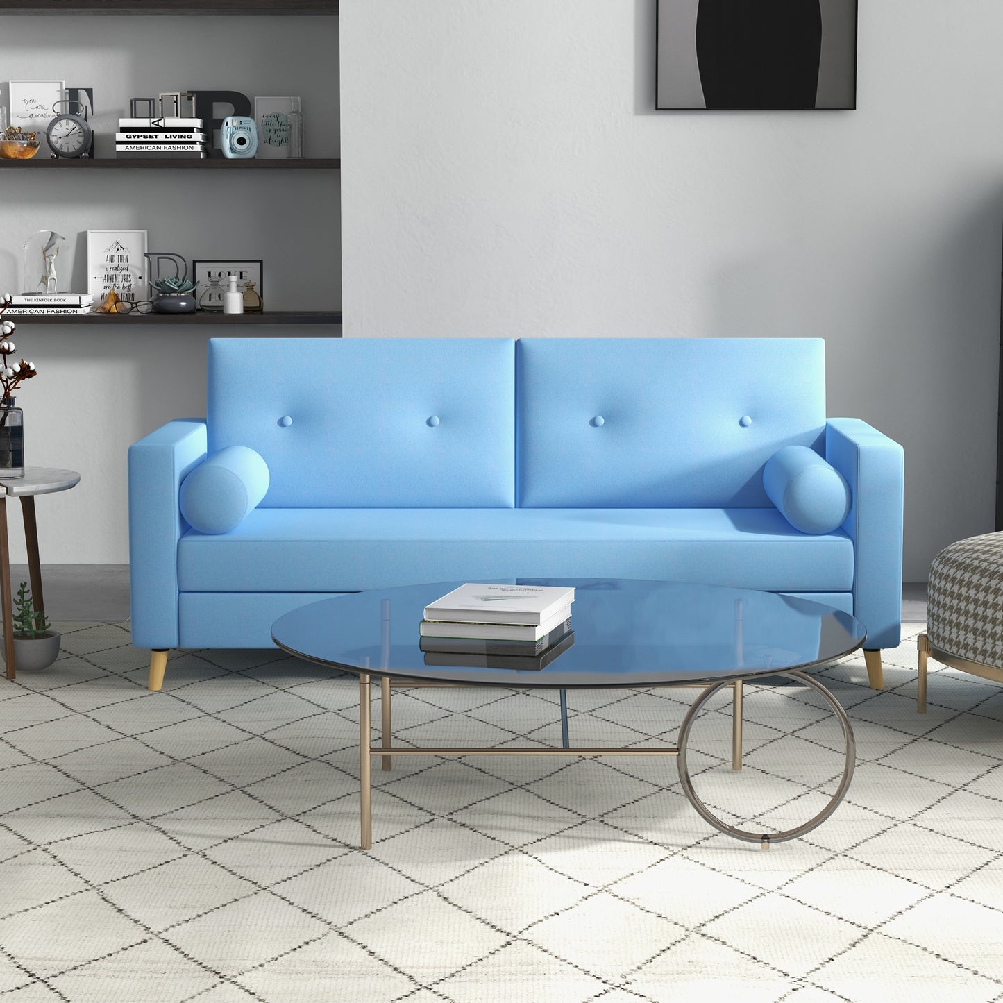 NUVOLA - 3 Seater Fabric Sofa with 2 Cylinder Cushions, 180x81x83cm, Blue