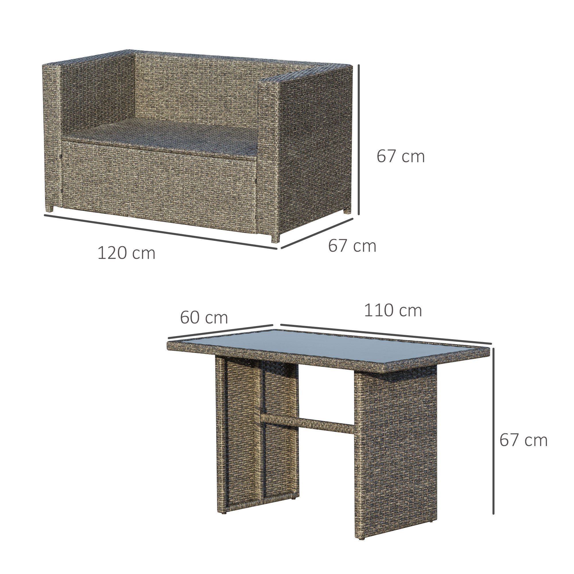 3-Piece Garden Furniture Set with 2 Sofas with Cushions and 1 Table in PE Rattan, Outdoor Lounge Set in Grey and Black