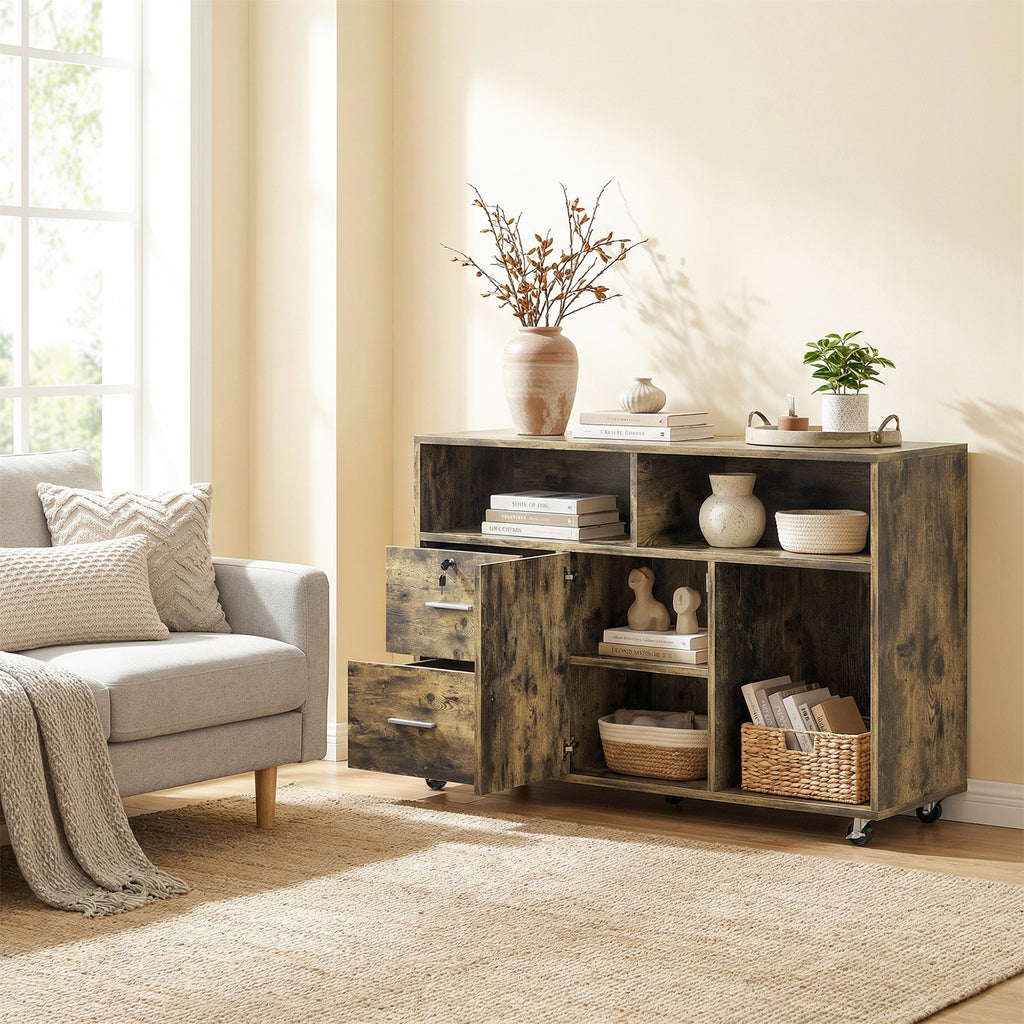 HOMCOM Wooden Printer Stand with Wheels, 2 Drawers, 3 Shelves, and 2 Cabinets, 100x35x65 cm, Brown