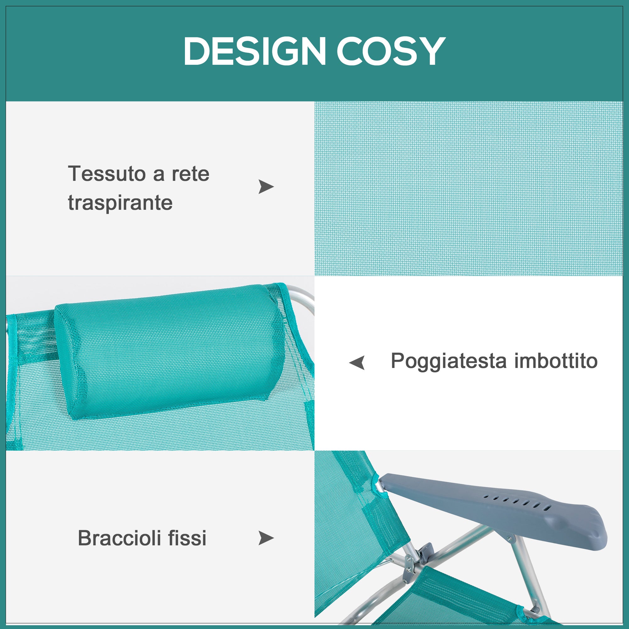 Set of 2 Folding and Reclining Camping Chairs on 6 Levels, in Aluminum and Foam, 62x65x80 cm, Gray to Light Blue