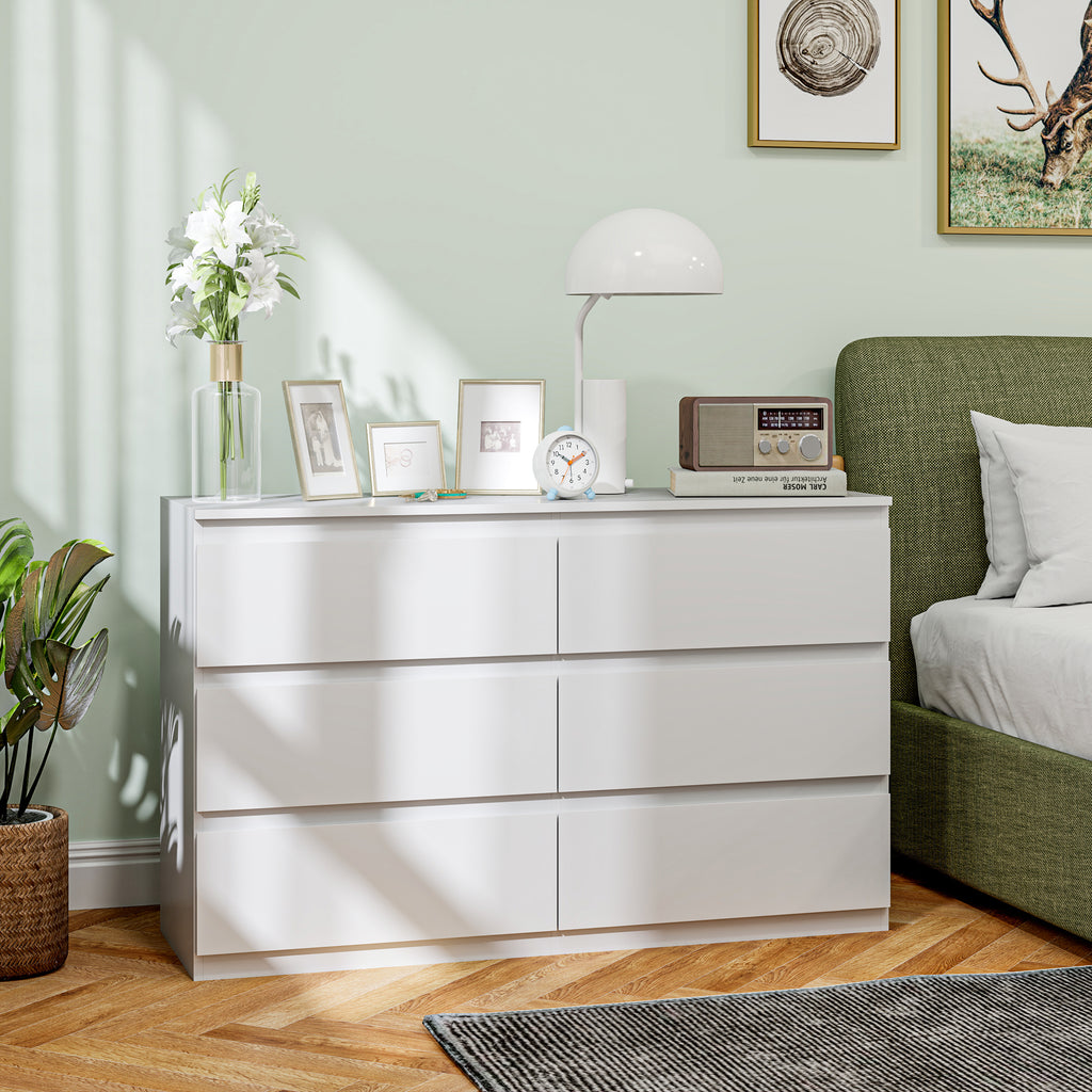 Chest of 6 Drawers for the Bedroom in Wood with Metal Guides, 120x39x75 cm, White