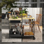 Garden trolley with 2 shelves, 2 baskets and 4 bottle holder spaces, in fir wood, 97.5x65x81 cm - Borgè