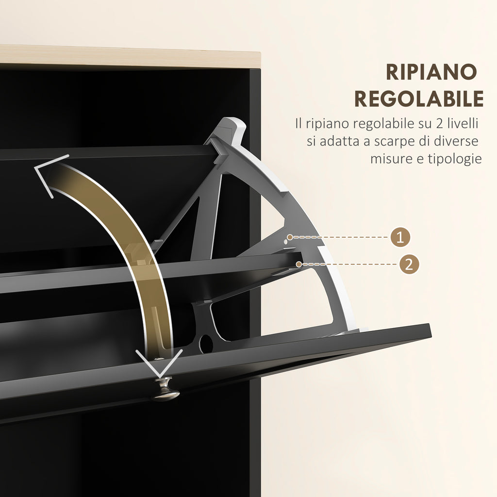 Space-saving 3-drawer shoe rack with adjustable shelves on 2 levels, in wood, 60x23.5x115 cm, Black
