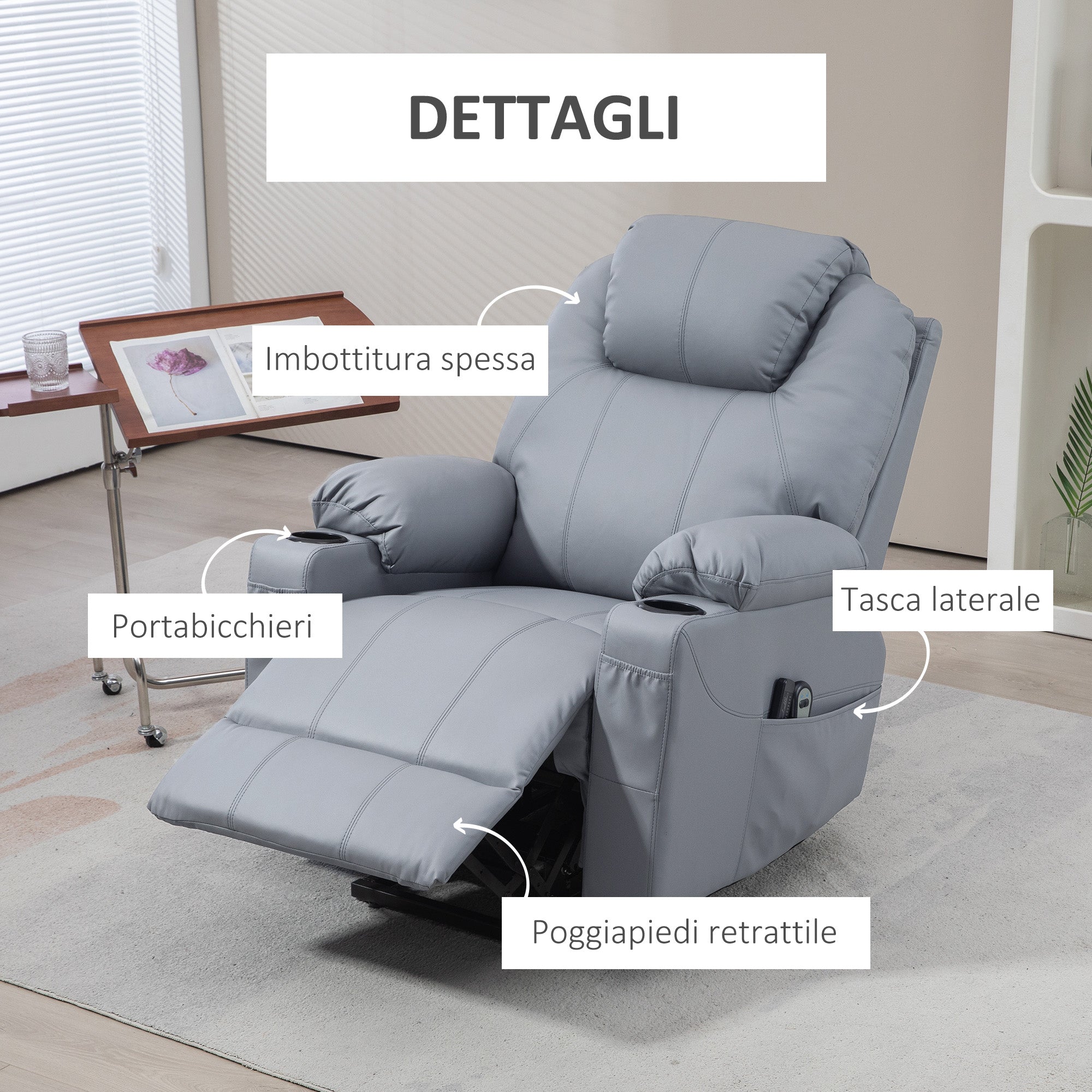 Lift Chair Reclining up to 135° with 8 Massage Points, Remote Control and Footrest, 88x99x106 cm, Grey