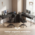 Corner Desk with 6 Drawers, Side Hook and Integrated Sockets, Wood and Steel, 126x48x80 cm, Black