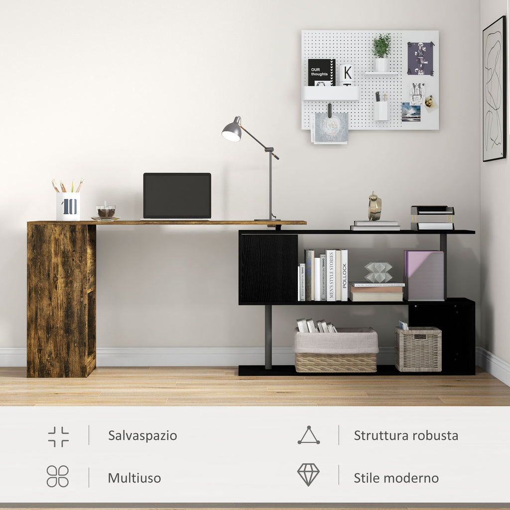 Space-Saving Corner Desk with S-Shaped Shelf, Wooden, 140x120x78 cm, Brown and Black