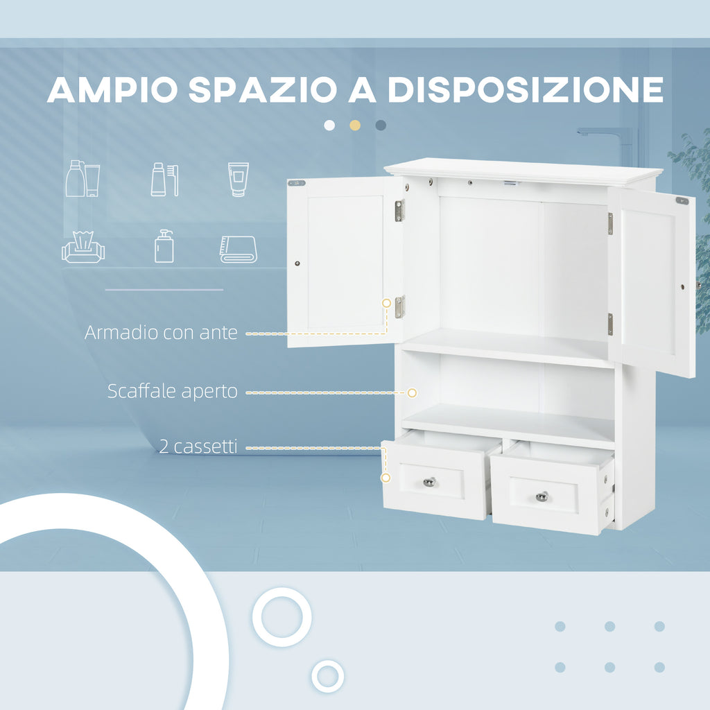 2 Door Bathroom Wall Cabinet with Open Shelf and 2 Wooden Drawers, White