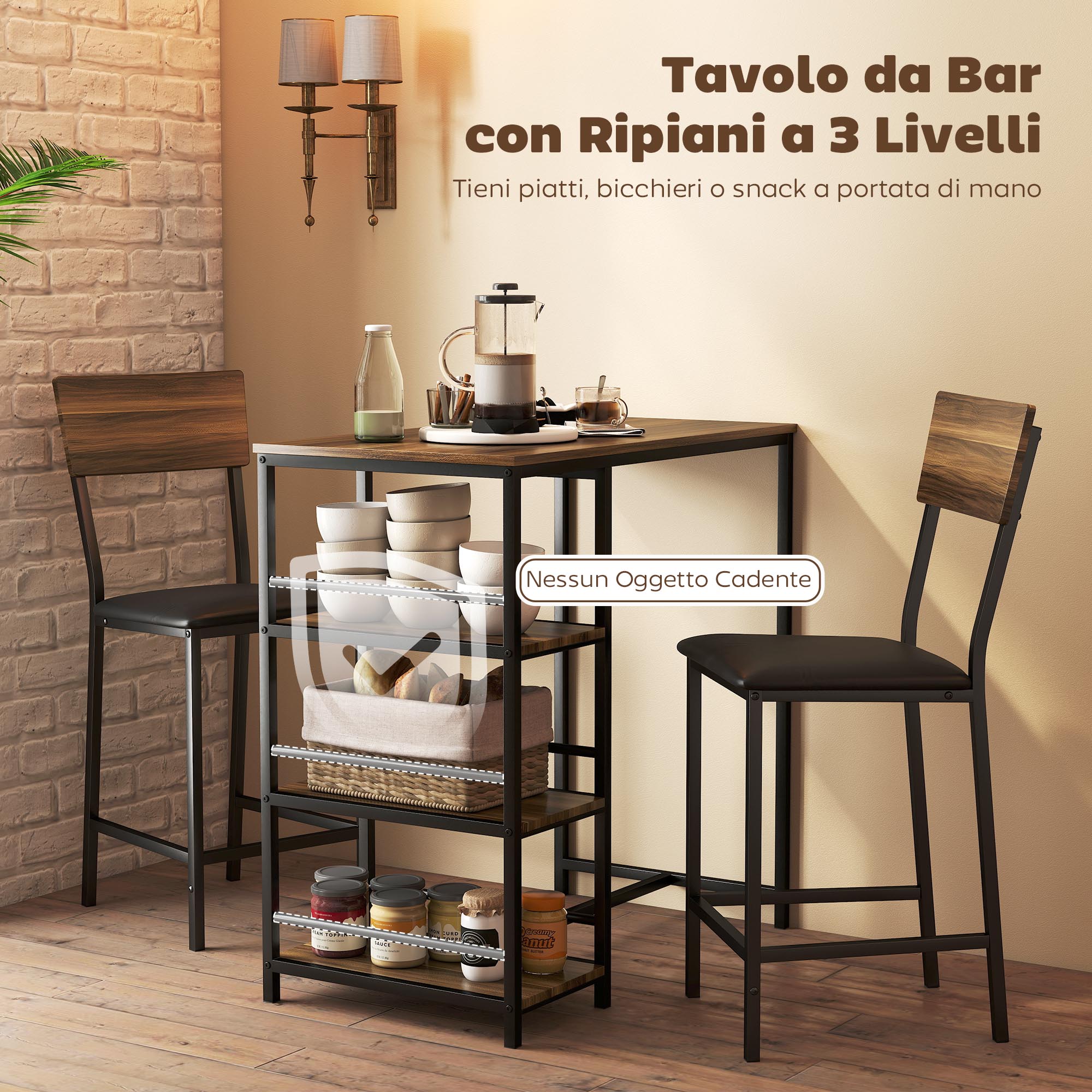 3-Tier Bar Table and 2 Stools with Footrest and Backrest, Wood and Steel, Black and Walnut