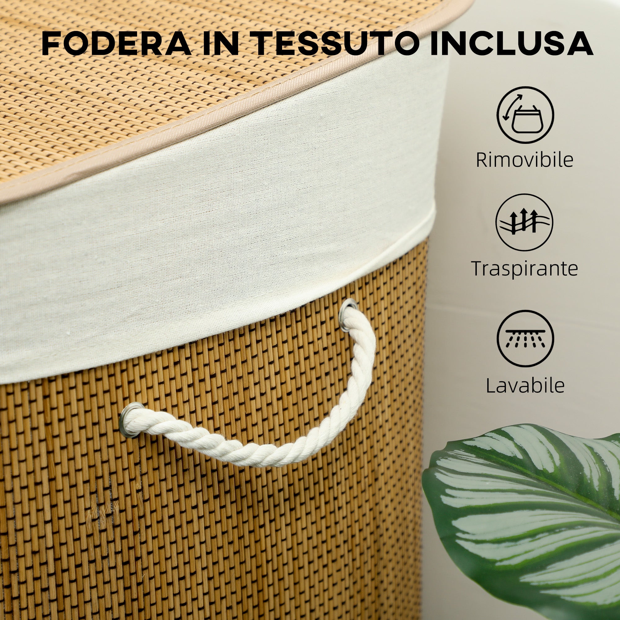 HOMCOM Bamboo Laundry Hamper with Lid, 144L, 3 Compartments, Removable and Washable Bag, Handles, Brown