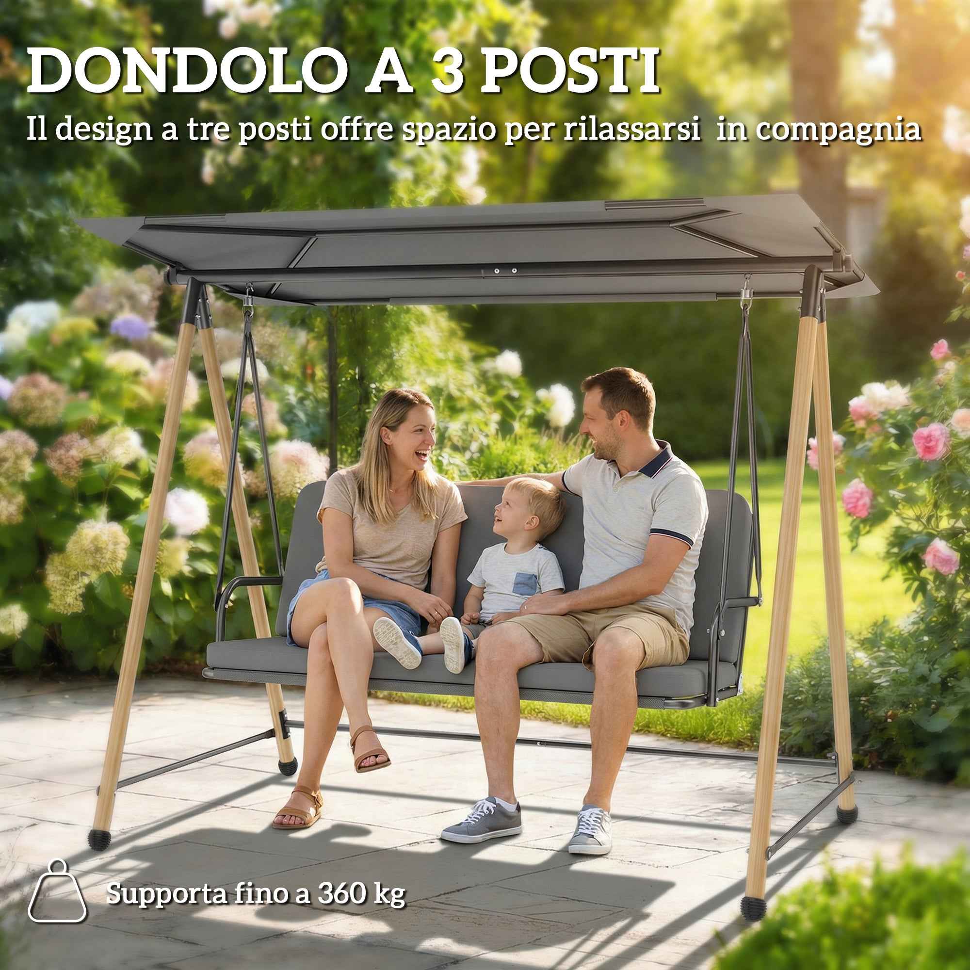 Outsunny 3-Seater Swing with Adjustable Canopy and Cushion, Made of Steel, Texteline and Polyester, 208x125x180 cm, Grey