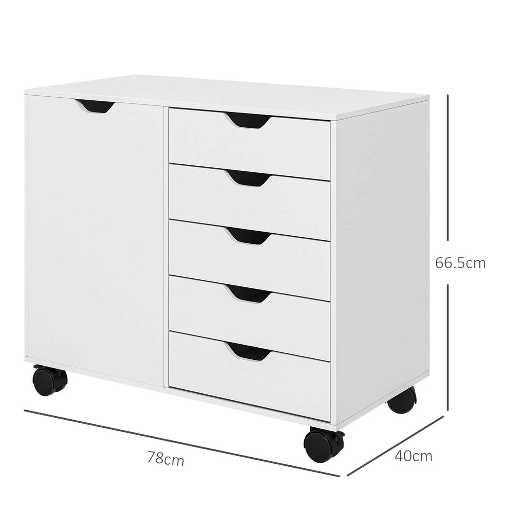 5-Drawer Side Cabinet, Adjustable Shelf, Office Storage Cabinet on Wheels, Printer Stand for Home Office, White