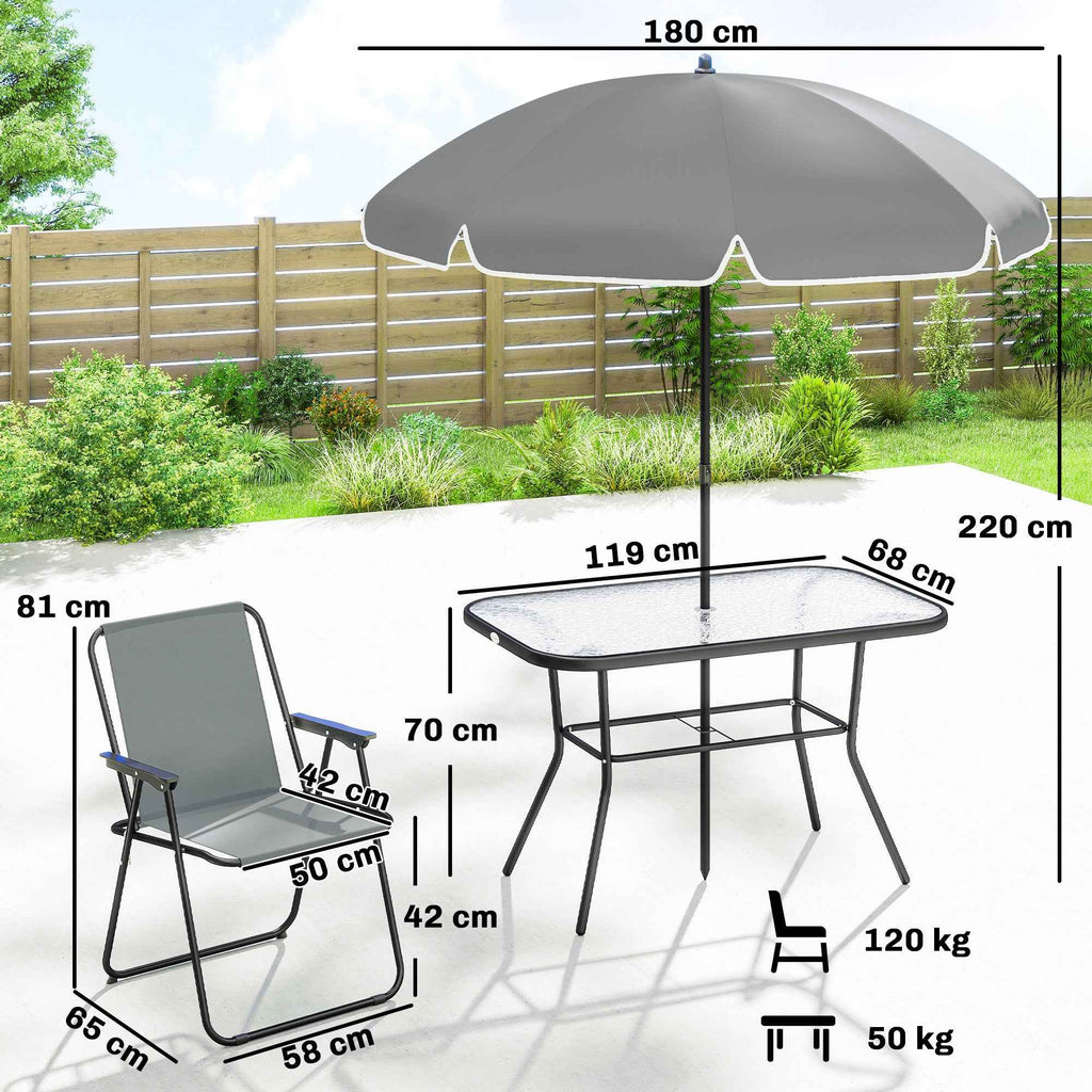 Outsunny 8-Piece Garden Set with Umbrella, 6 Folding Chairs and Tempered Glass Outdoor Table, Grey