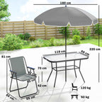 Outsunny 8-Piece Garden Set with Umbrella, 6 Folding Chairs and Tempered Glass Outdoor Table, Grey
