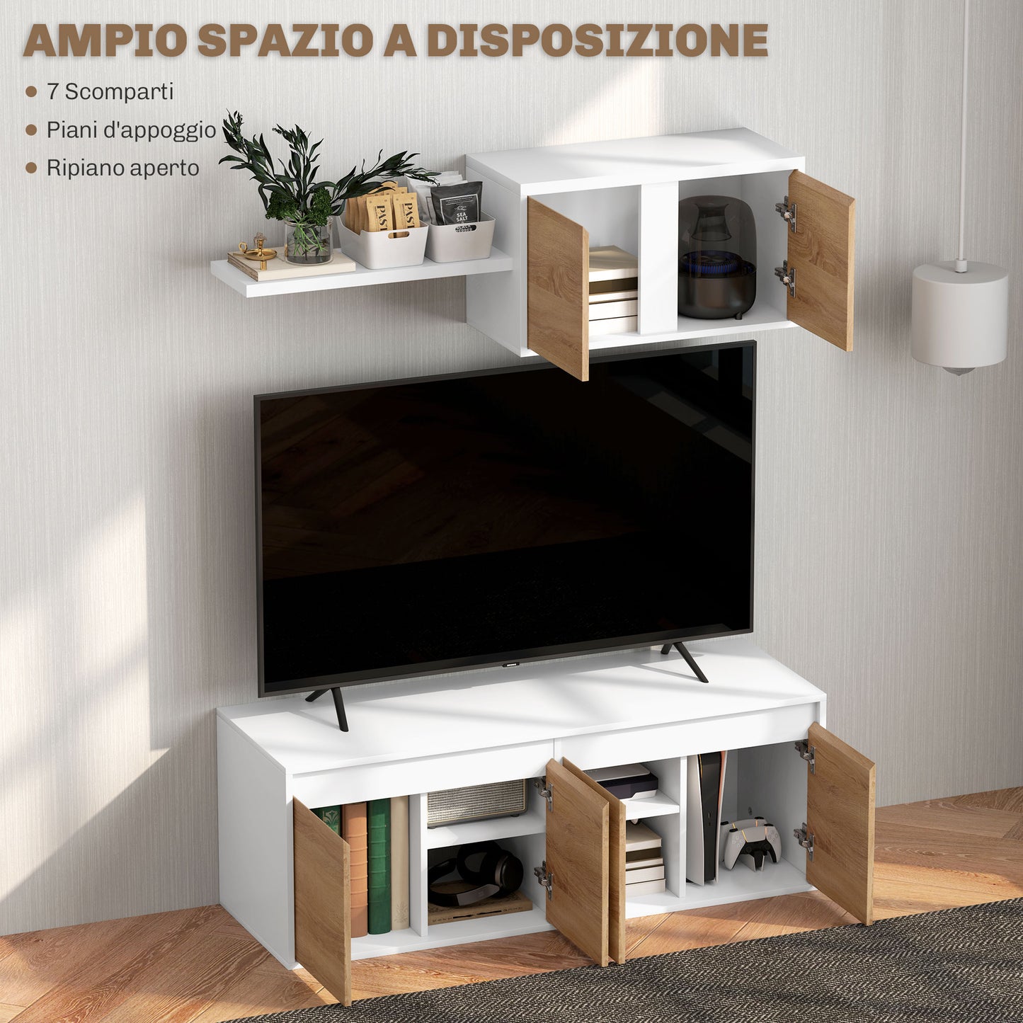 TV Cabinet and Wall Cabinet Set with 7 Shelves and Open Shelf, Wooden, 120x41x43.3 cm, White and Wood color