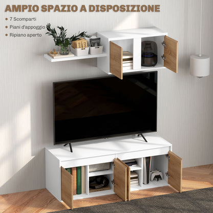 TV Cabinet and Wall Cabinet Set with 7 Shelves and Open Shelf, Wooden, 120x41x43.3 cm, White and Wood color