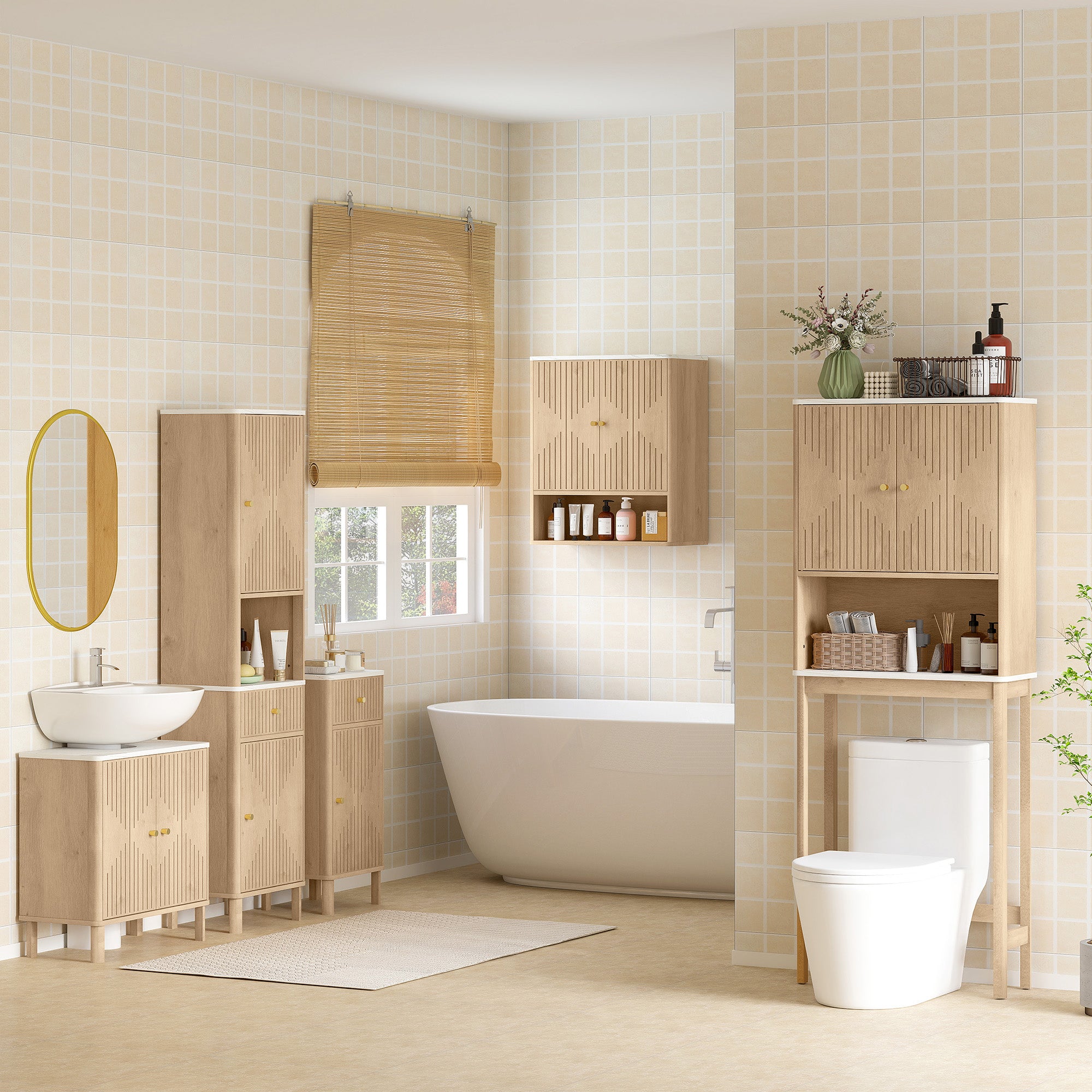 Bathroom Cabinet with Drawer, 2 Cabinets and Adjustable Shelves, Marble Effect Shelf, 41.5x30x168 cm, Oak