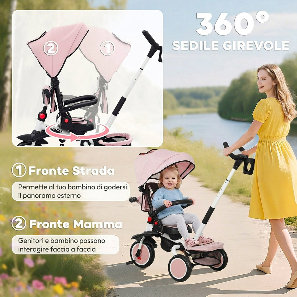 AIYAPLAY 6-in-1 Children's Tricycle with Push Handle and Swivel Seat, 111.5x52x98 cm, Pink