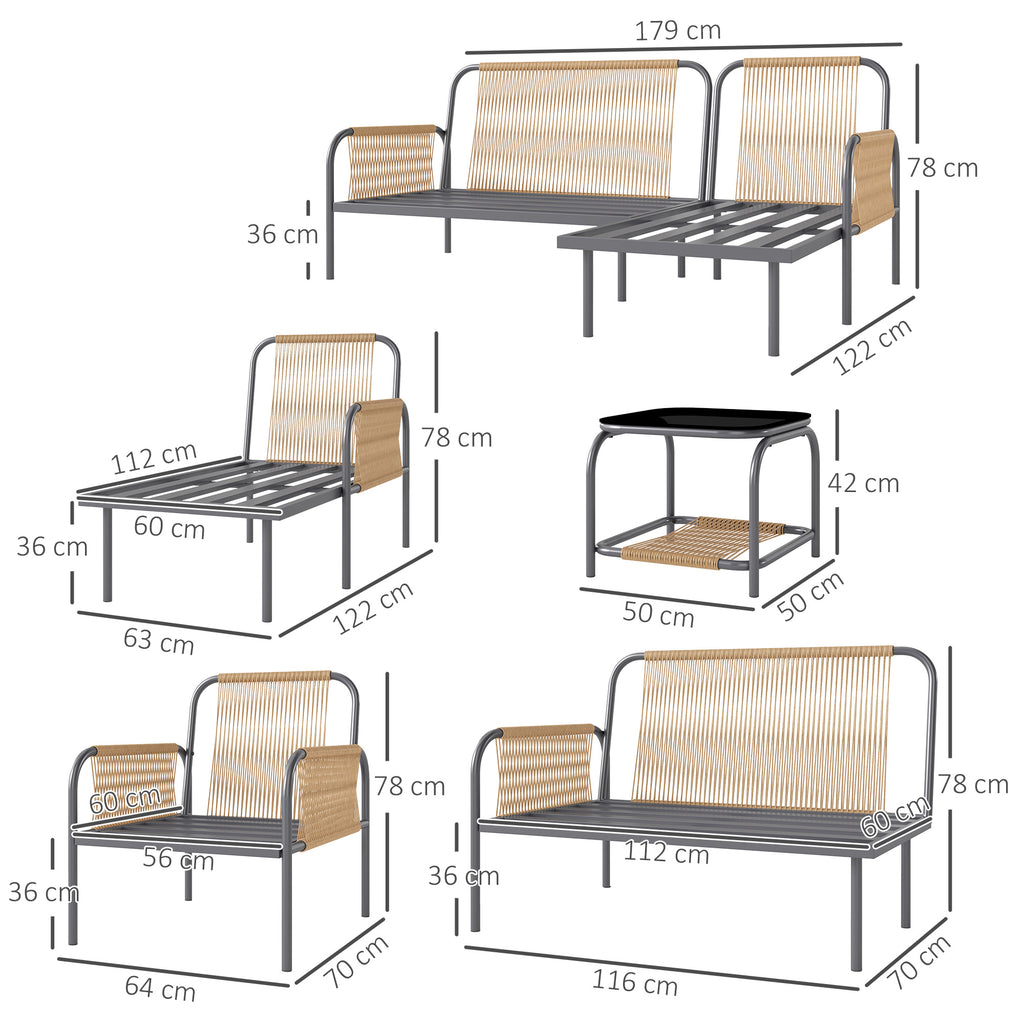4 Piece Rattan Garden Lounge Set with Sofa, Chaise Longue, Armchair and Coffee Table with Cushions, Grey