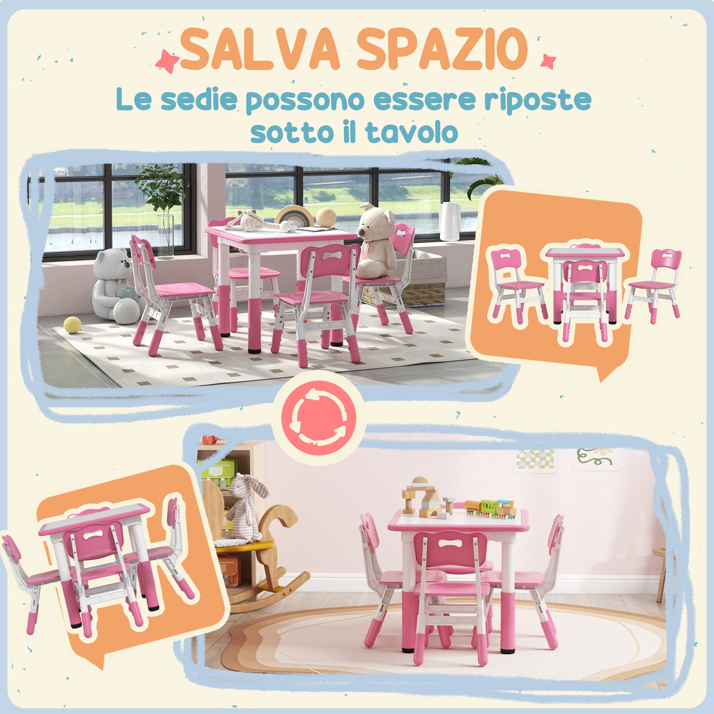 Children's Table and Chair Set 5pcs with 4 Adjustable Chairs 32x36x52. 5-56 cm and Table 60x60x46-58 cm, Pink