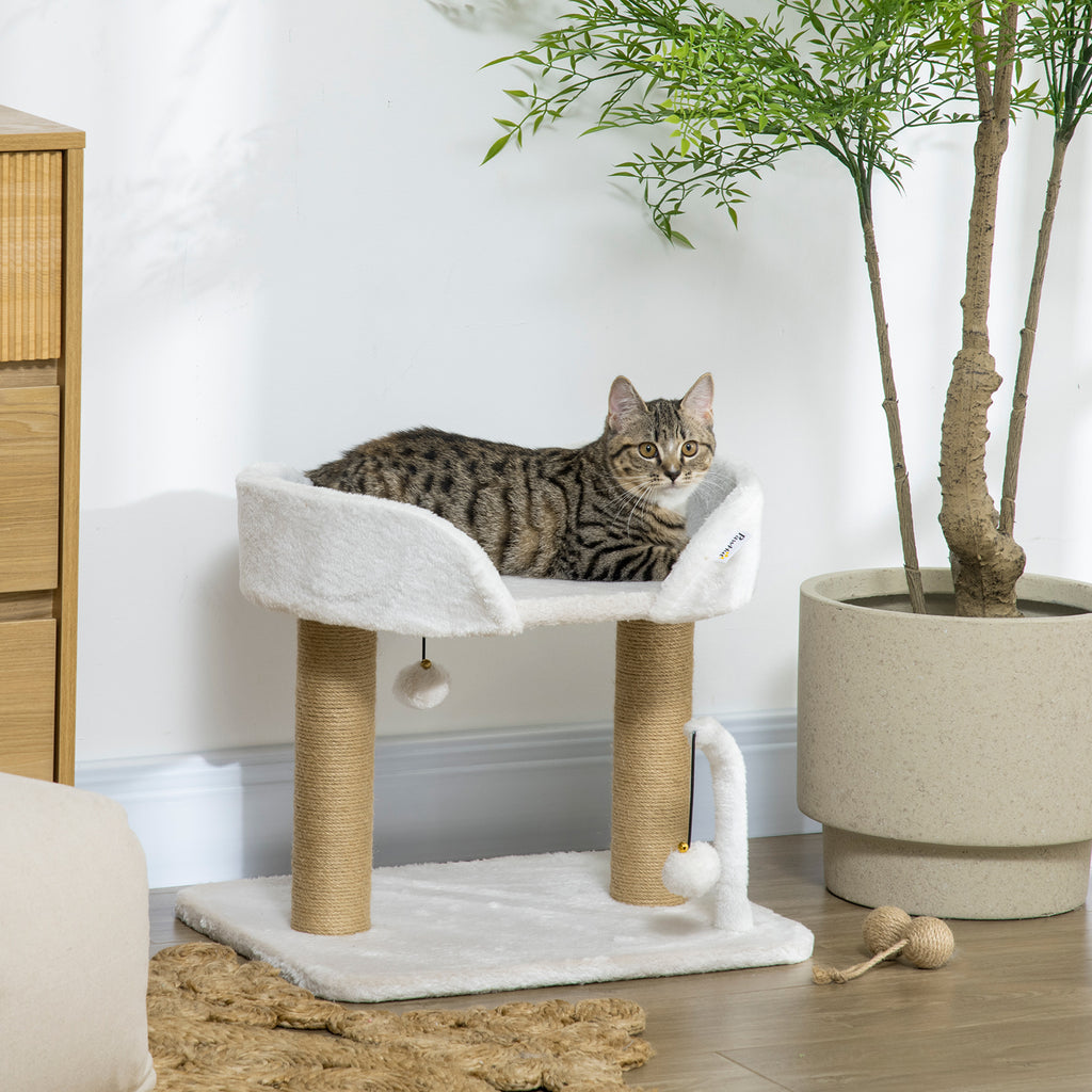 Cat Tower for Cats up to 5kg in Chipboard with Scratching Post and Toy Balls, 48x38x42 cm, Yellow and White
