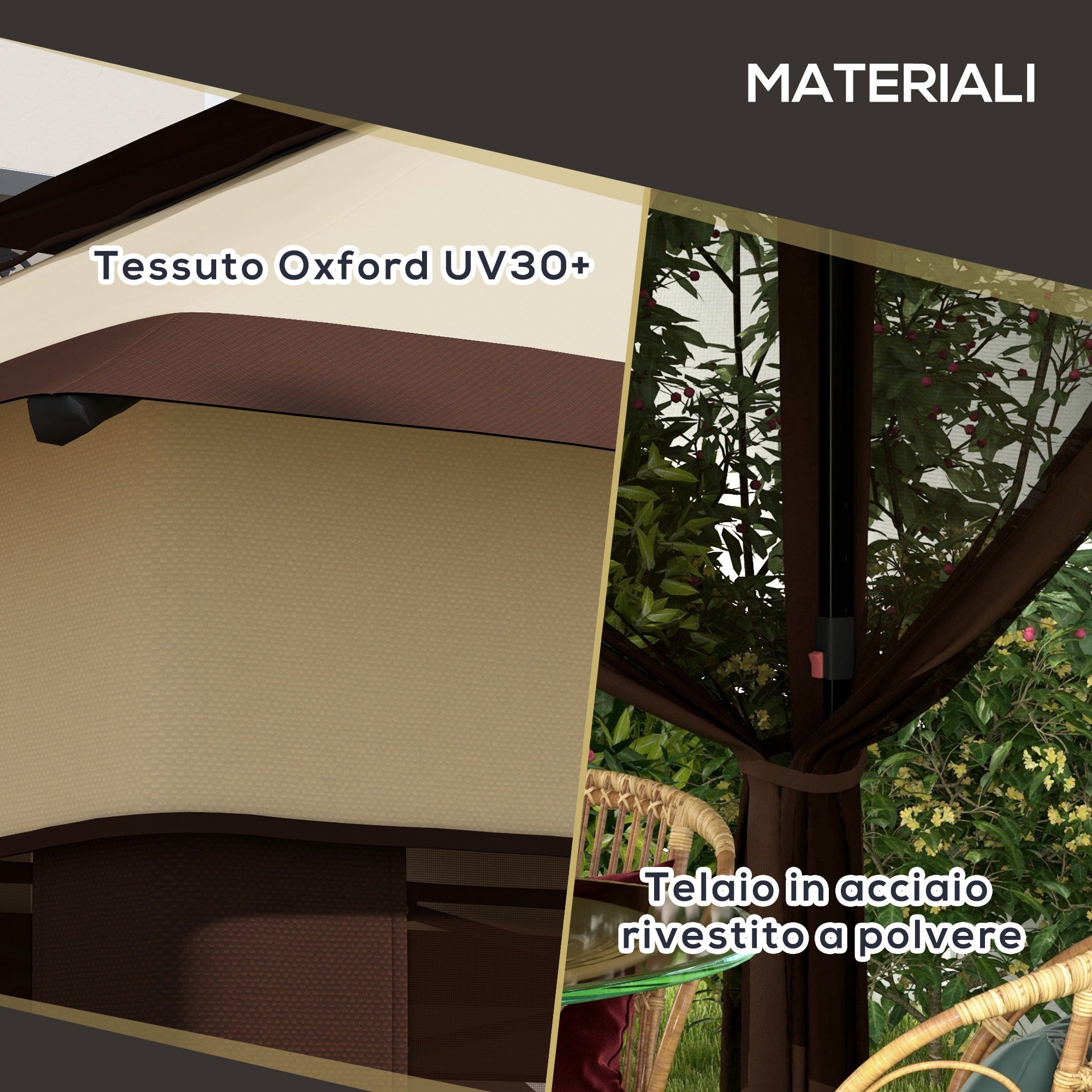 Outsunny Gazebo 3x3 adjustable on 3 levels with removable walls, in steel and Oxford fabric, coffee color and beige - Borgè