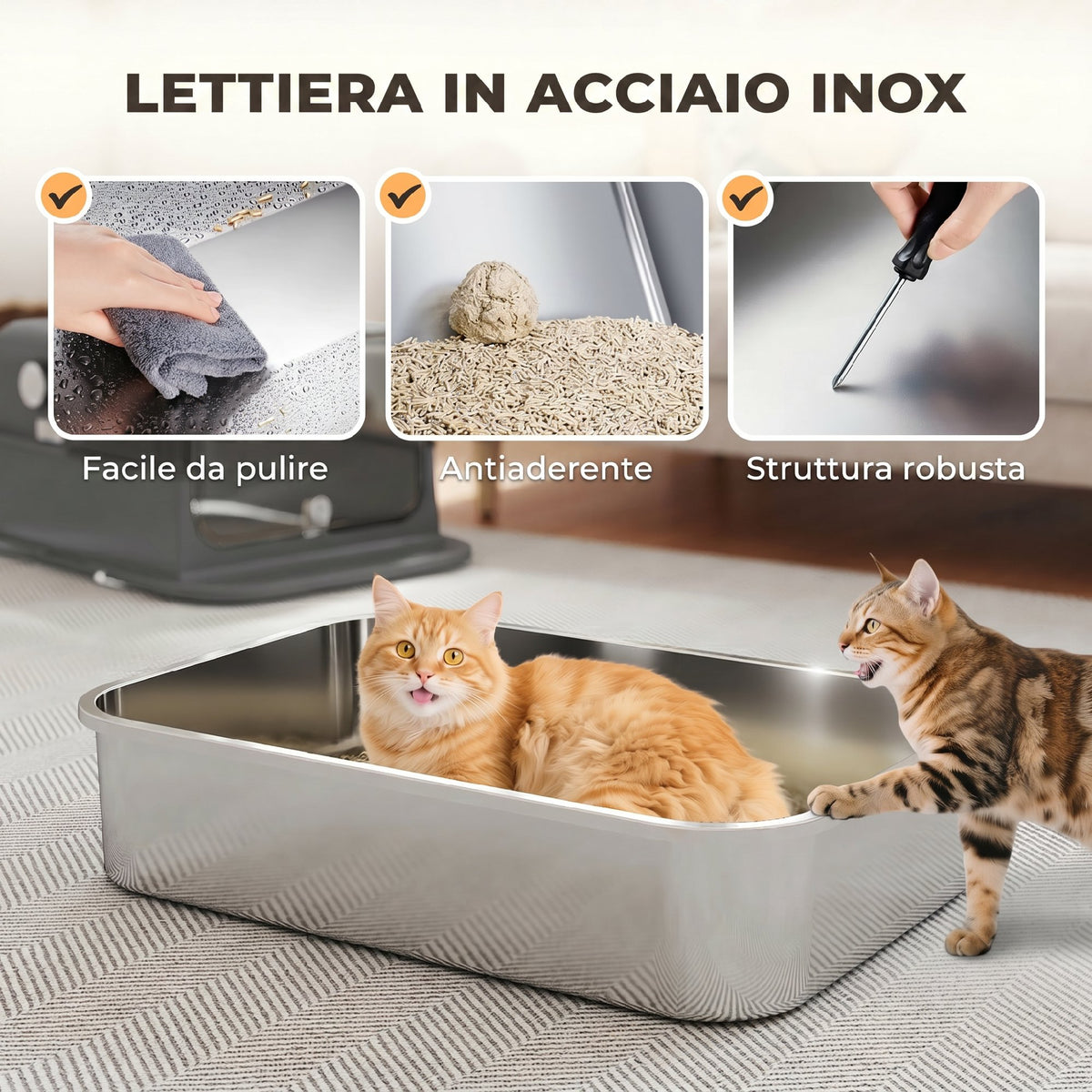 PawHut 52L Stainless Steel Enclosed Cat Litter Box with Flip Lid, Double Door, Scoop, Black